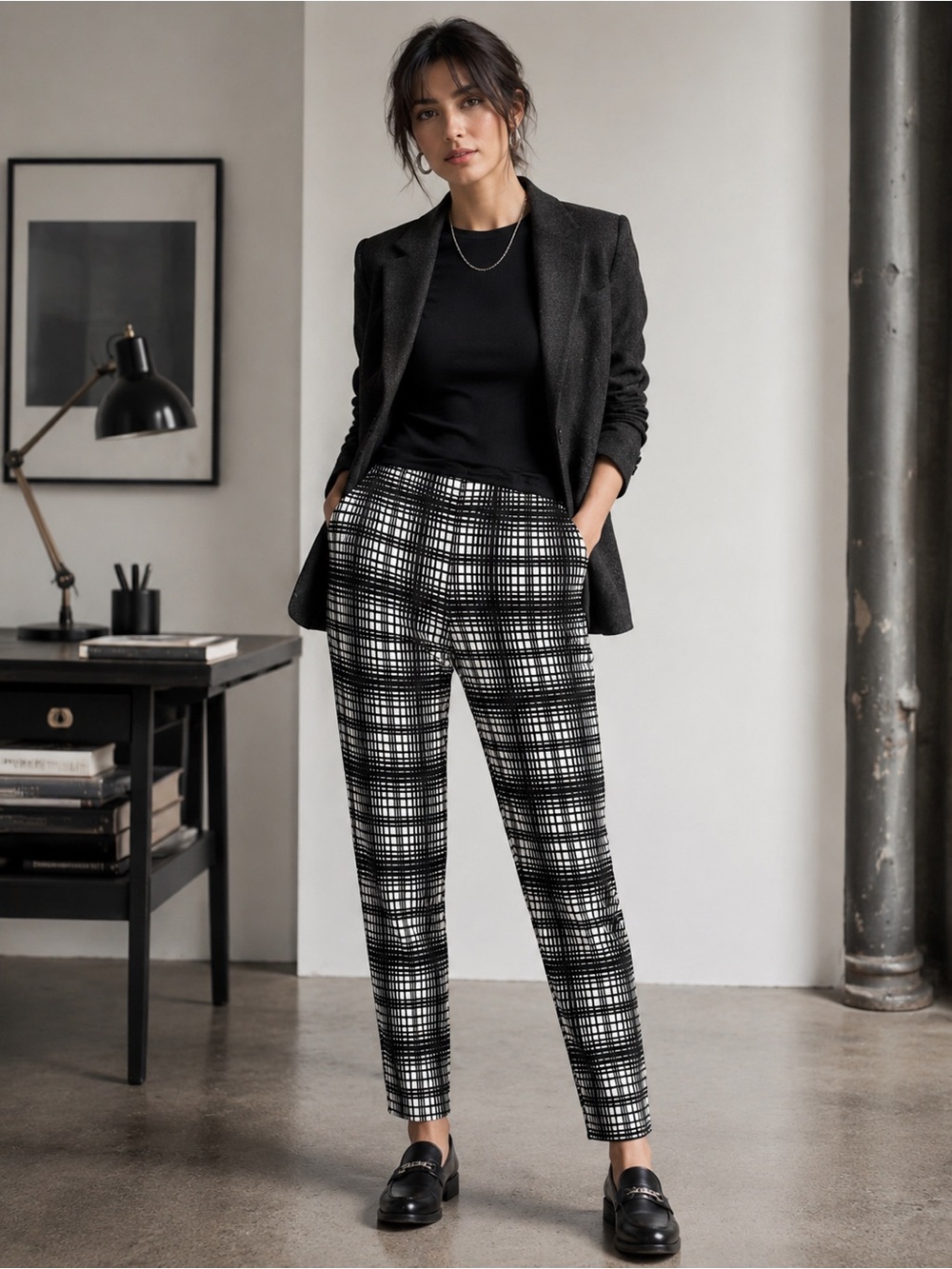 Zac & Rachel Black White Grid Slim Ankle Pants Size 8 Downtown Career Core